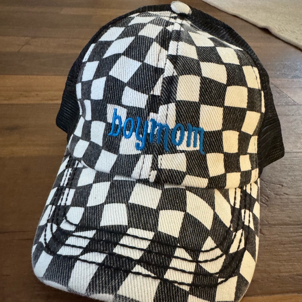 BOYMOM CC Beanie Black and White Checkered Criss Cross Ponytail Hat